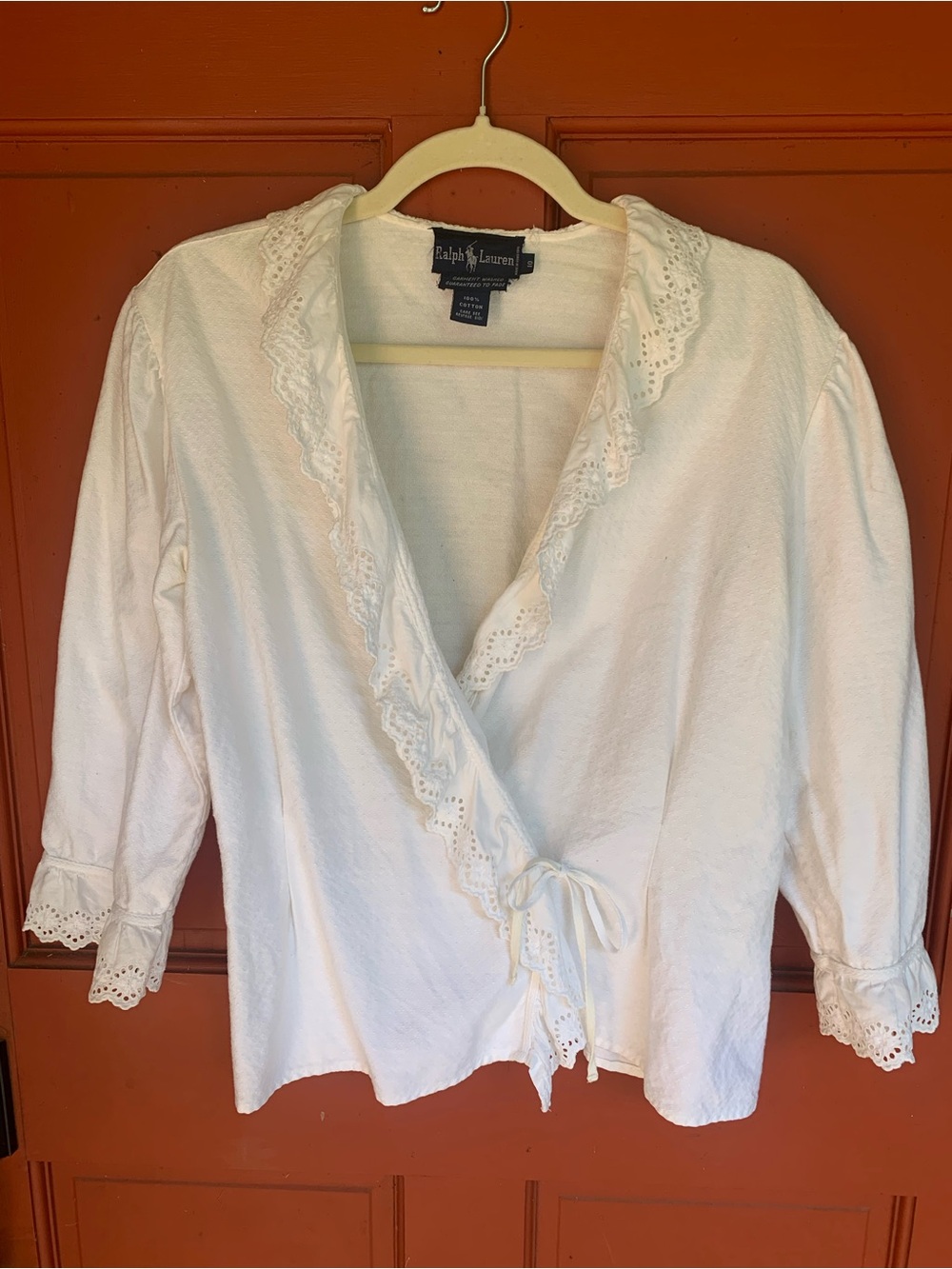 RARE Vintage 1980s Ralph Lauren Off White Peasant Eyelet-Trim Wrap Blouse